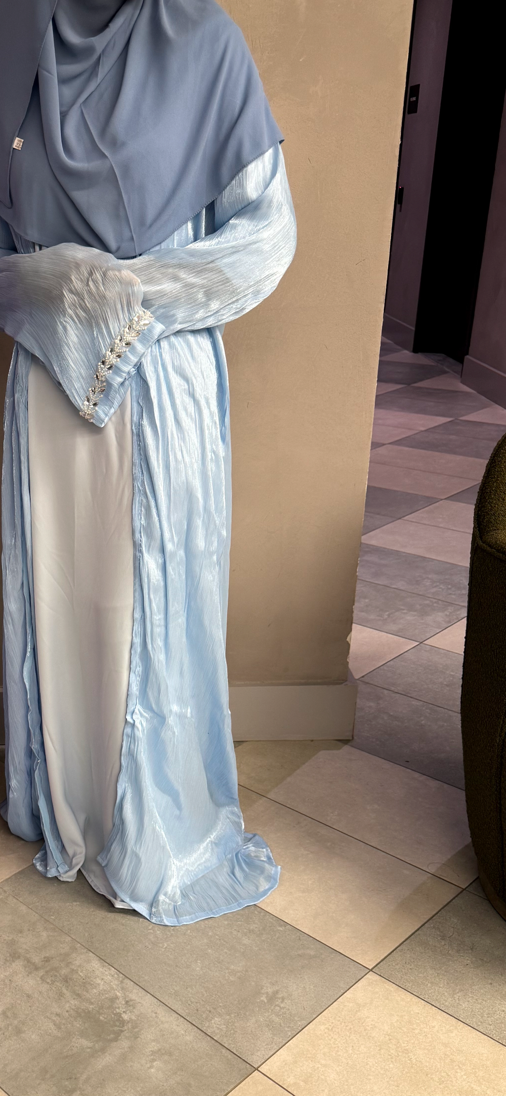 Light Blue Pearl Open Abaya